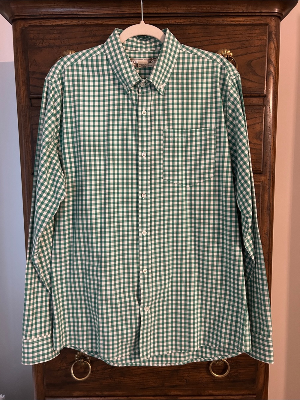 Chor Green All Cotton Gingham Button-Down Shirt, Size XL